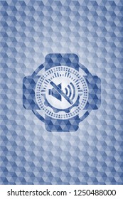 mute icon inside blue emblem or badge with abstract geometric pattern background.
