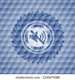 mute icon inside blue emblem or badge with geometric pattern background.
