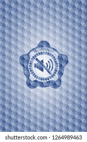 mute icon inside blue emblem with geometric pattern.