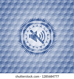 mute icon inside blue emblem or badge with abstract geometric pattern background.