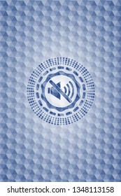 mute icon inside blue emblem with geometric pattern background.