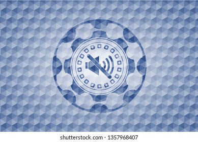 mute icon inside blue emblem with geometric background.