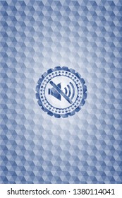 mute icon inside blue emblem with geometric pattern.