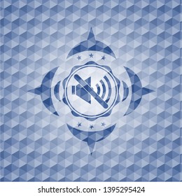 mute icon inside blue emblem with geometric pattern.
