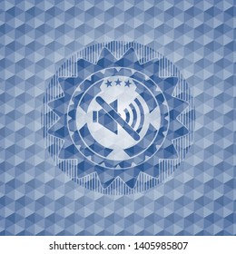 mute icon inside blue emblem or badge with abstract geometric pattern background.