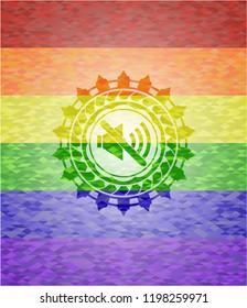 mute icon inside emblem on mosaic background with the colors of the LGBT flag