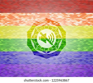 mute icon inside emblem on mosaic background with the colors of the LGBT flag