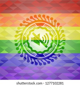 mute icon inside emblem on mosaic background with the colors of the LGBT flag