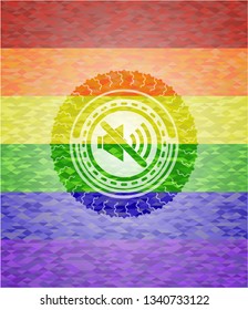 mute icon inside emblem on mosaic background with the colors of the LGBT flag