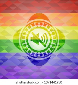mute icon inside emblem on mosaic background with the colors of the LGBT flag
