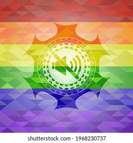 mute icon inside emblem on mosaic background with the colors of the LGBT flag. 
