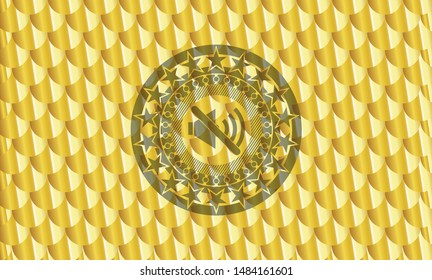 mute icon inside gold badge or emblem. Scales pattern. Vector Illustration. Detailed.