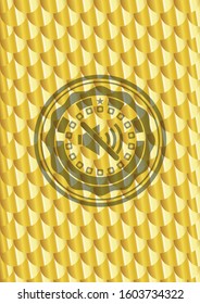 mute icon inside gold badge or emblem. Scales pattern. Vector Illustration. Detailed.