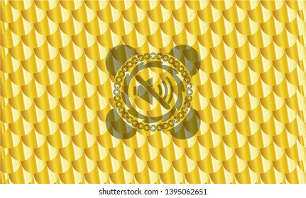 mute icon inside gold emblem or badge. Scales pattern. Vector Illustration. Detailed.