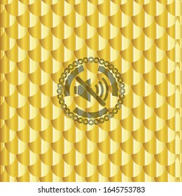 mute icon inside gold shiny badge. Scales pattern. Vector Illustration. Detailed.