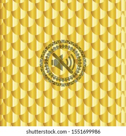 mute icon inside golden emblem. Scales pattern. Vector Illustration. Detailed.