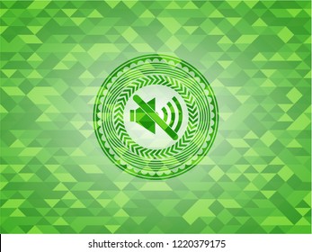 mute icon inside green emblem. Mosaic background