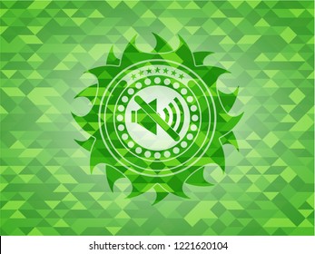 mute icon inside green emblem. Mosaic background