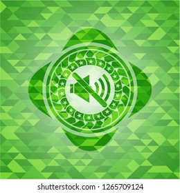 mute icon inside green emblem. Mosaic background