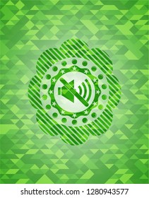 mute icon inside green emblem with triangle mosaic background