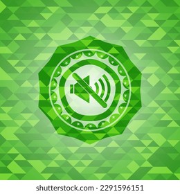 mute icon inside green emblem. Mosaic background. 