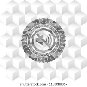 mute icon inside grey badge with geometric cube white background