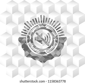 mute icon inside grey badge with geometric cube white background
