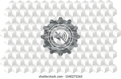 mute icon inside grey badge with geometric cube white background