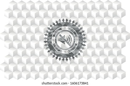 mute icon inside grey badge with geometric cube white background