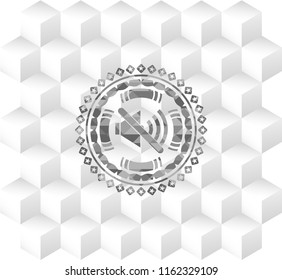 mute icon inside grey icon or emblem with geometric cube white background