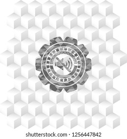 mute icon inside grey emblem with cube white background