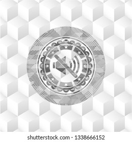 mute icon inside grey icon or emblem with geometric cube white background