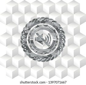 mute icon inside grey emblem with cube white background