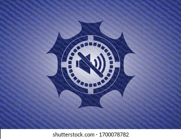mute icon inside jean or denim emblem or badge background