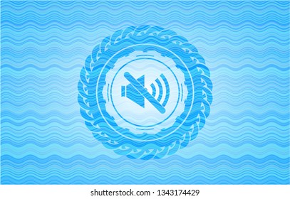 mute icon inside light blue water wave style badge.