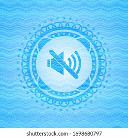 mute icon inside light blue water emblem background.
