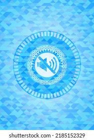 mute icon inside light blue emblem with mosaic background. 