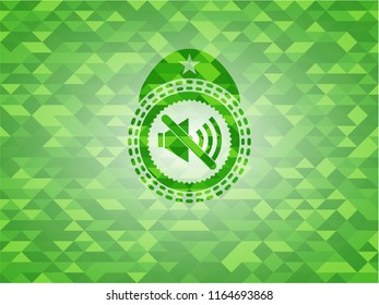 mute icon inside realistic green emblem. Mosaic background