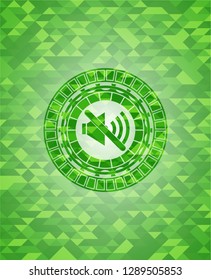 mute icon inside realistic green emblem. Mosaic background