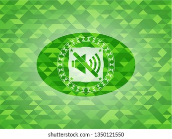 mute icon inside realistic green emblem. Mosaic background
