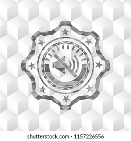 mute icon inside realistic grey emblem with geometric cube white background