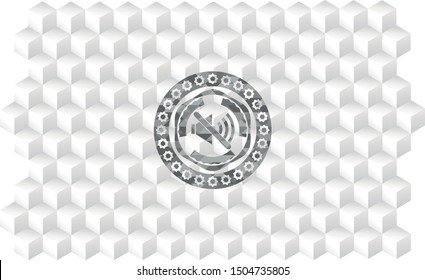 mute icon inside realistic grey emblem with geometric cube white background