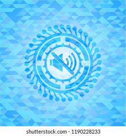 mute icon inside realistic light blue emblem. Mosaic background