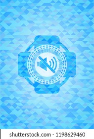 mute icon inside realistic light blue emblem. Mosaic background