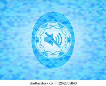 mute icon inside realistic light blue mosaic emblem