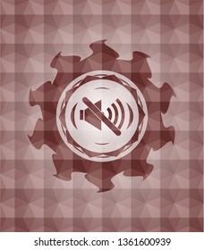 mute icon inside red seamless emblem or badge with geometric pattern background.
