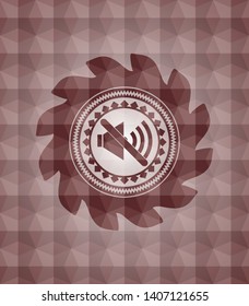 mute icon inside red seamless emblem or badge with abstract geometric polygonal pattern background.