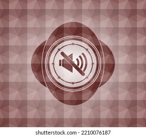 Mute Icon Inside Red Seamless Badge With Geometric Pattern Background. 