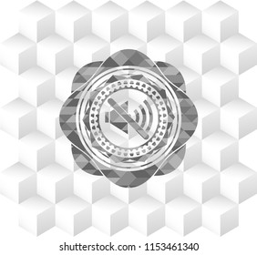 mute icon inside retro style grey emblem with geometric cube white background