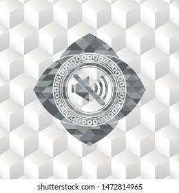 mute icon inside retro style grey emblem with geometric cube white background